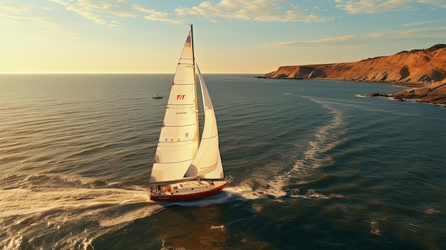 Regata di navi a vela con vele bianche in alto mare Vista aerea di una barca a vela in uno stato di vento Viaggio estivo IA generativa