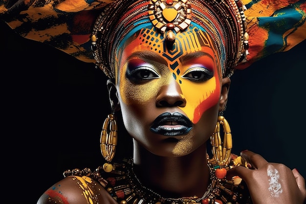 Regina africana Un primo piano di una persona con una faccia dipinta AI generativa