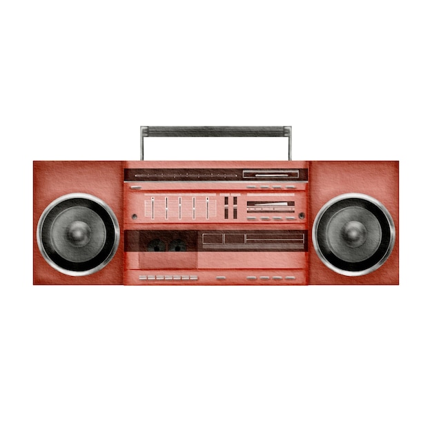 Registratore a cassetta retro portatile in stile s in colore rosso con altoparlanti radio e equalizzatore acquerello