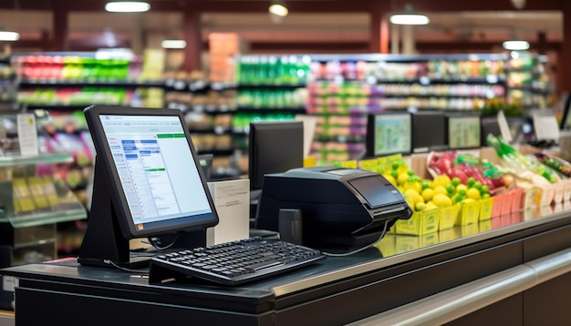 Registratore di cassa nero con uno schermo di monitor di computer vuoto al bar