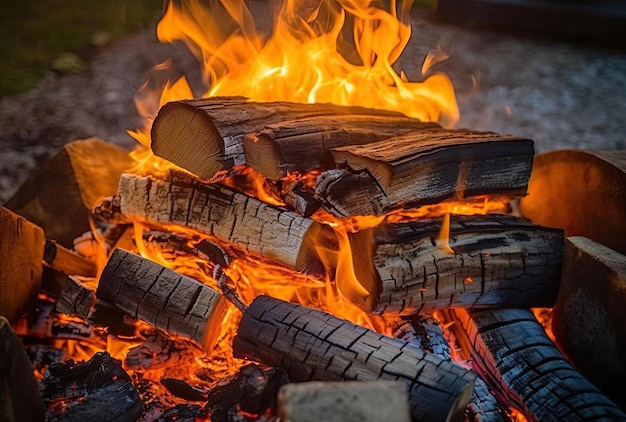 Registri brucianti nella griglia del barbecue Cucinare all'aperto Fuoco in un camino da tronchi di legno conflagrant