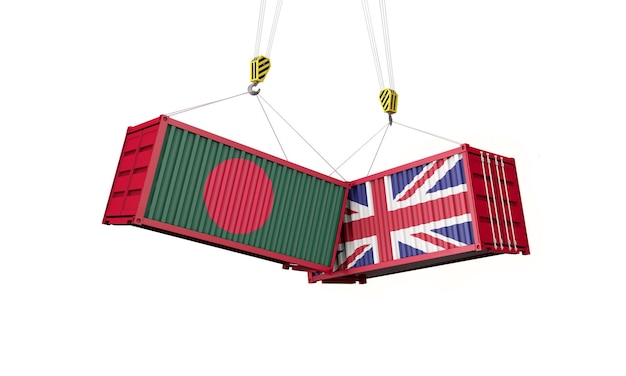 Regno Unito e Bangladesh affare commerciale che si scontra con container di carico d rendering