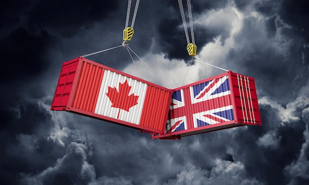 Regno Unito e Canada affari commerciali che si scontrano con container cargo d rendering