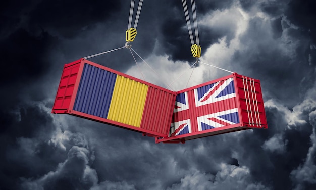 Regno Unito e romania affari commerciali che si scontrano con container cargo d render