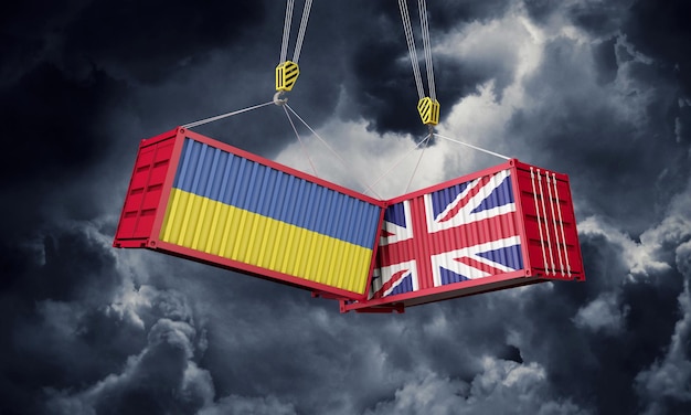 Regno Unito e ucraina affari commerciali che si scontrano con container cargo d render