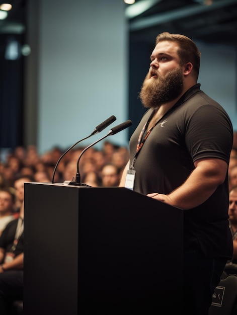 Relatore della conferenza Un manager uomo di grandi dimensioni che parla dalla prospettiva del pubblico sul podio Olympus OMD