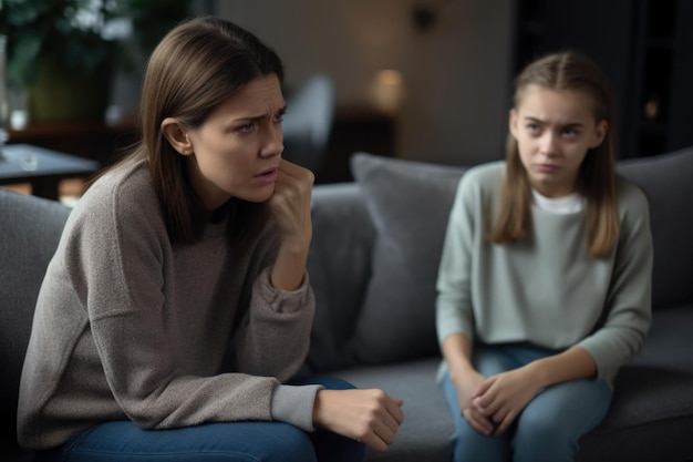 Relazione tra madre e figlio Conversazione difficile con un adolescente Mamma seria e figlia triste sedute sul divano e che parlano di problemi familiari