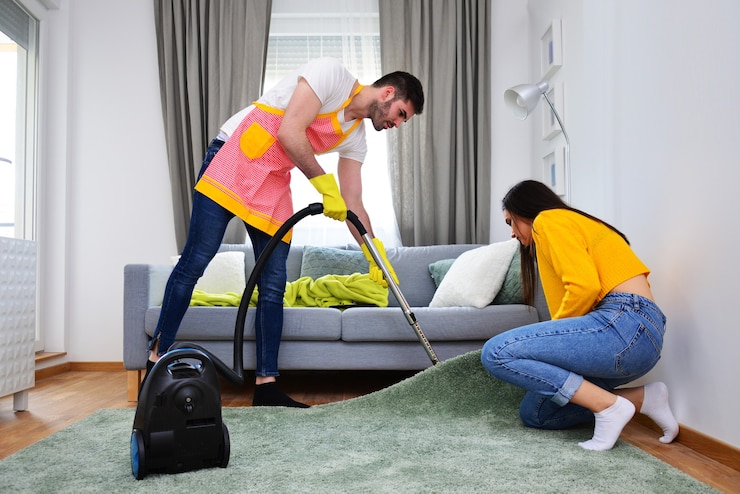 Foto relazione, vita coniugale, lavori domestici e doveri, concetto di uguaglianza di genere. uomo che pulisce mentre la donna lo assiste.