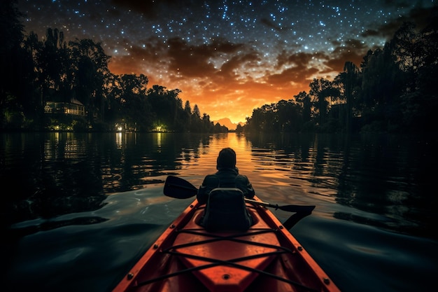 Remando sotto le stelle in kayak notturno IA generativa