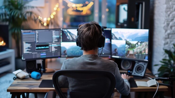 Remote worker with multiple monitors and a productive setup