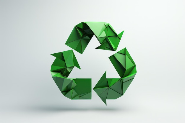 Render 3D astratto del futuro rinnovabile del logo Green Recycle che fonde geometria e visione ambientale