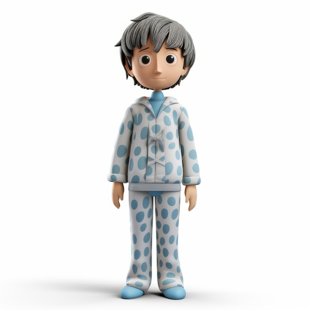 Render 3d cartone animato in plastica di personaggio in pigiama su sfondo bianco