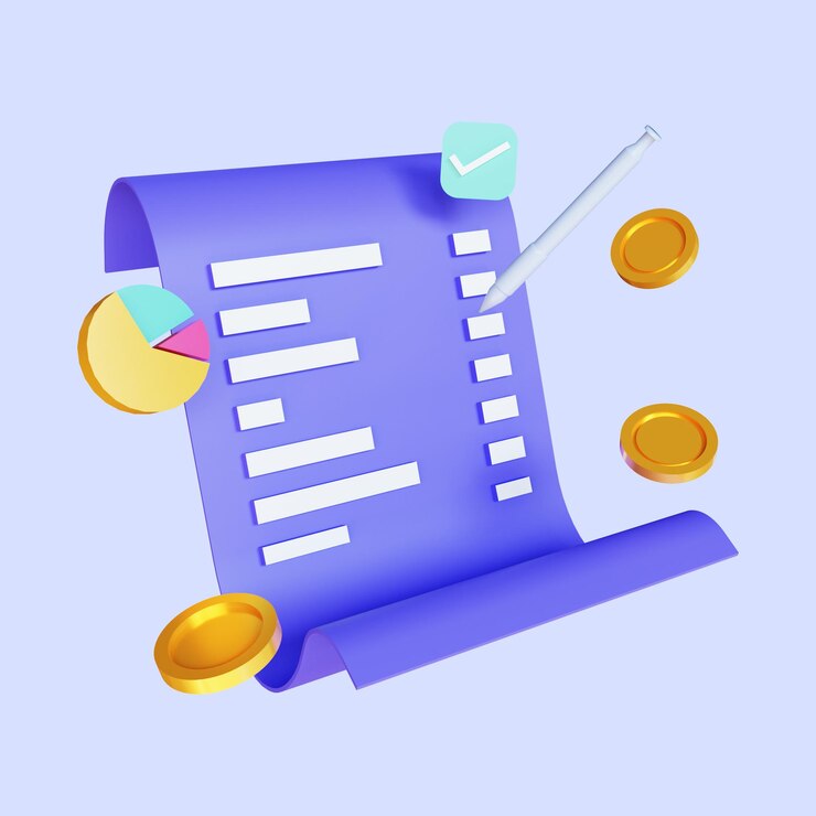 Render 3d dari tagihan kertas, ikon pembayaran online tanda terima transaksi
