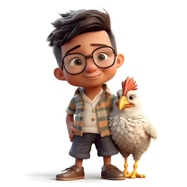Render 3D del ragazzino con pollo e gallo su sfondo bianco