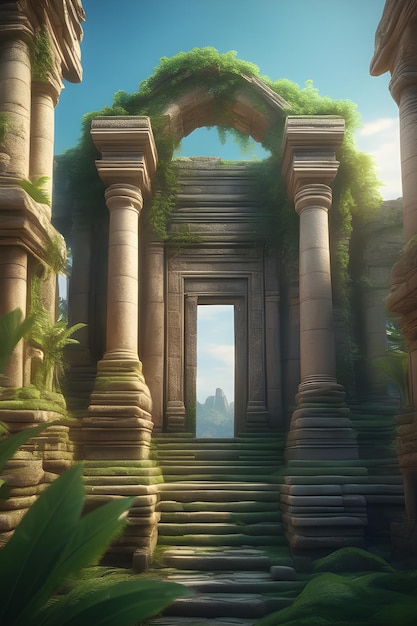 Render 3D dell'ingresso del tempio nella giungla