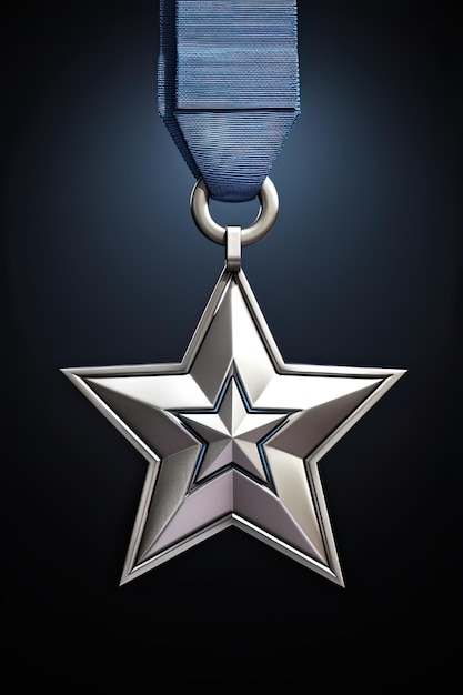 Render 3D della medaglia della stella d'argento del premio militare decorato con un nastro perfetto per il riconoscimento