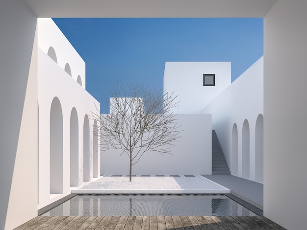 Render 3d dello spazio del cortile in stile minimale, c'è una piscina con piastrelle nere Circondata da edifici bianchi Decorato con panche di legno con una chiara luce del sole che splende.