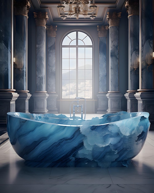 Render 3d di interior design in stile classico Bagno di ghiaccio di lusso con paesaggio invernale