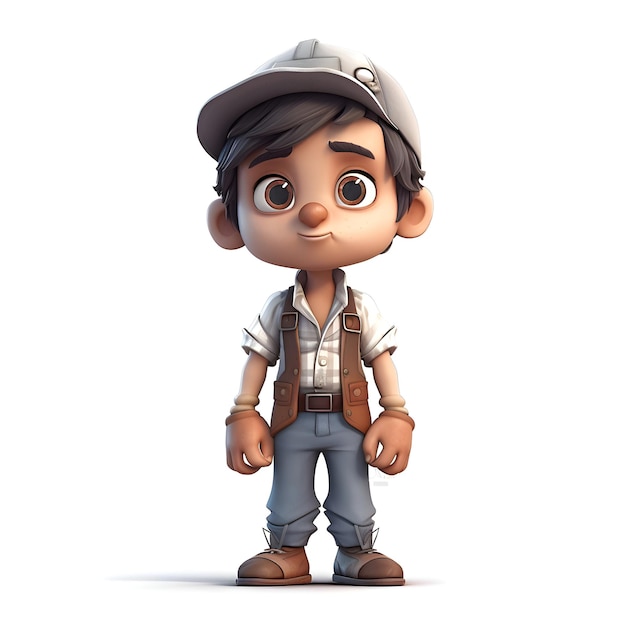 Render 3D di Little Boy con cappello da safari e tuta