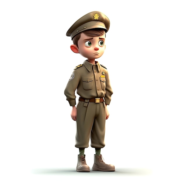 Render 3D di Little Boy con cappello dell'esercito su sfondo bianco con ombra