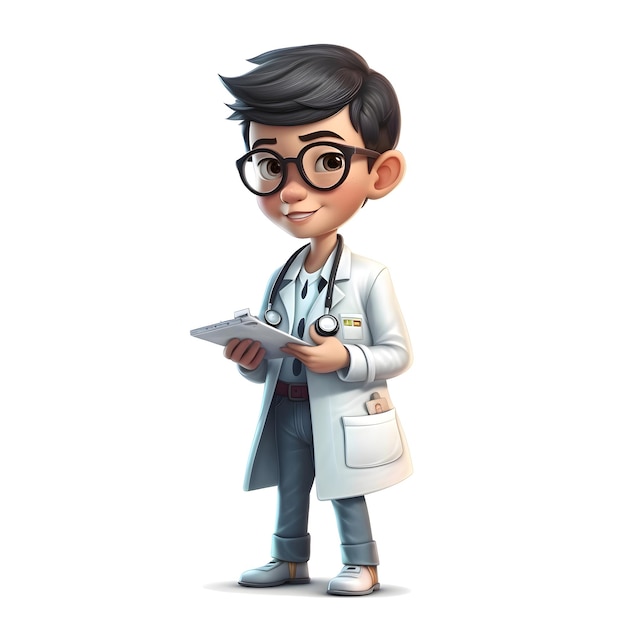 Render 3D di Little Boy Doctor con stetoscopio e occhiali