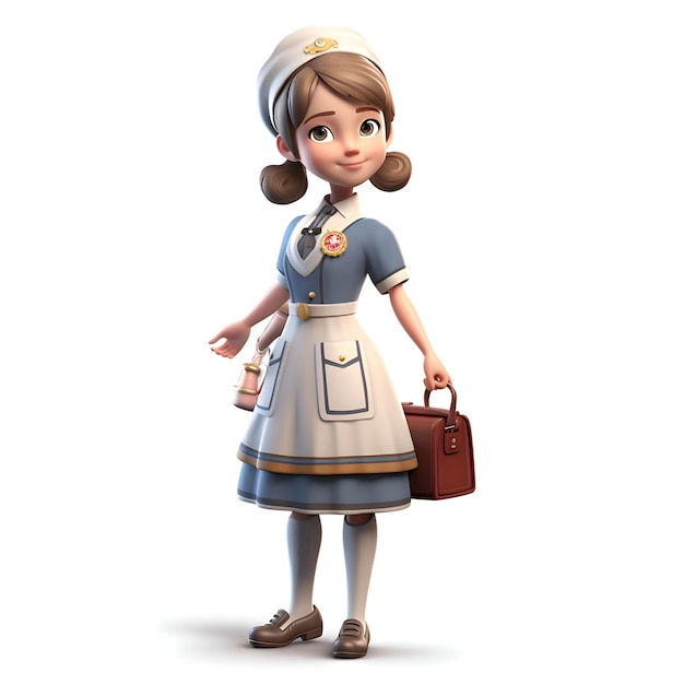 Render 3D di Little Girl con cappello e borsa da marinaio su sfondo bianco