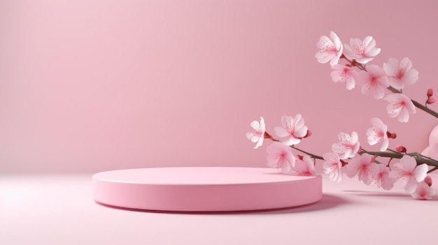 Render 3d di podio rosa per la presentazione del prodotto con fiori di ciliegio Generative AI
