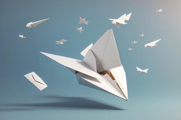 Render 3d di un aereo di carta con una busta volante