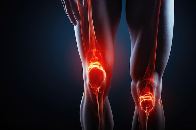 Render 3D di un ginocchio femminile con un'articolazione del ginocchio evidenziata su sfondo scuro Malattie dell'articolazione del ginocchio frattura ossea e infiammazione AI Generato