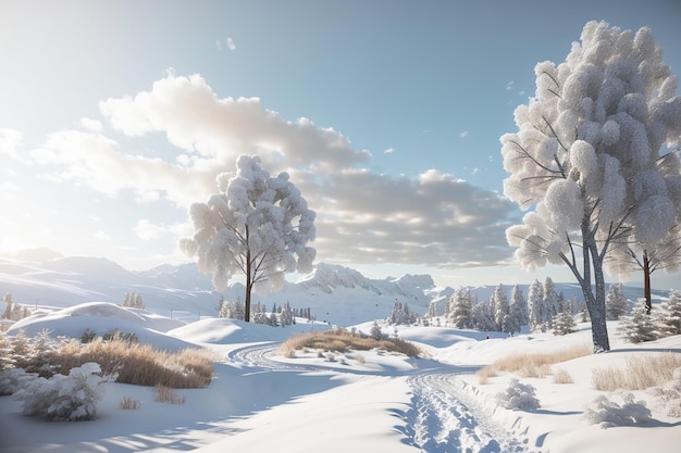 Render 3d di un paesaggio nevoso invernale