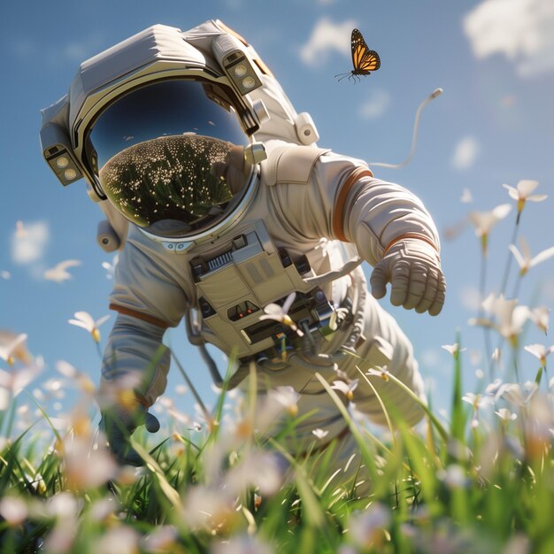 Render 3D di un personaggio astronauta che vola su un campo erboso con farfalle