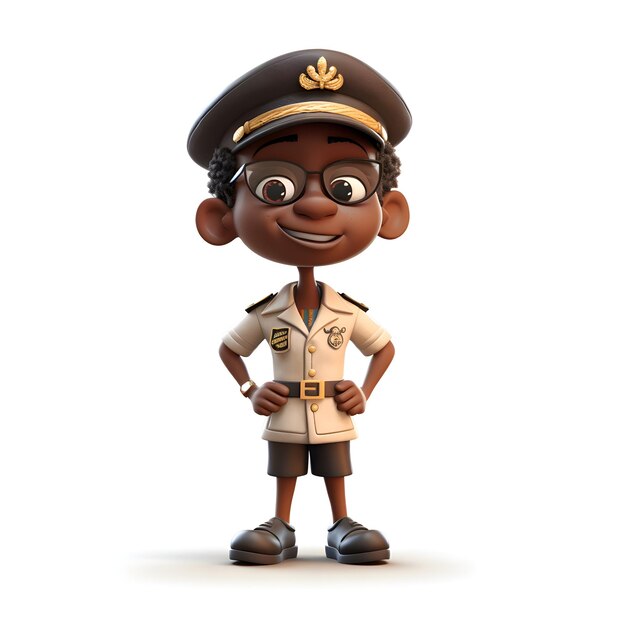 Render 3D di un piccolo poliziotto afroamericano con cappello e occhiali