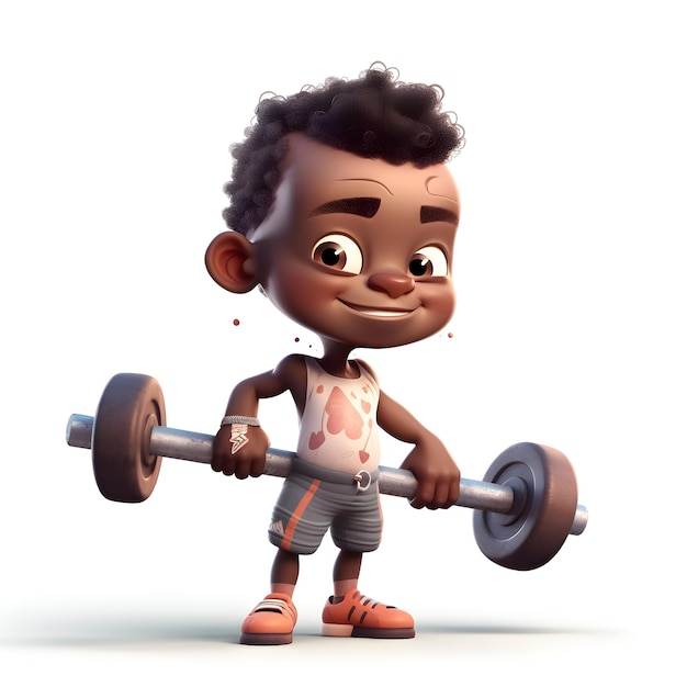 Render 3D di un piccolo ragazzo afroamericano con un barbell