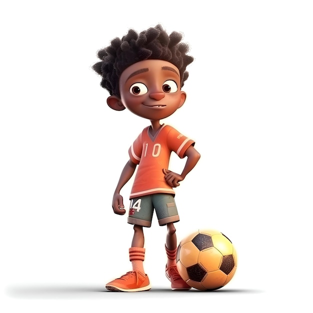 Render 3D di un ragazzo afroamericano con una palla da calcio