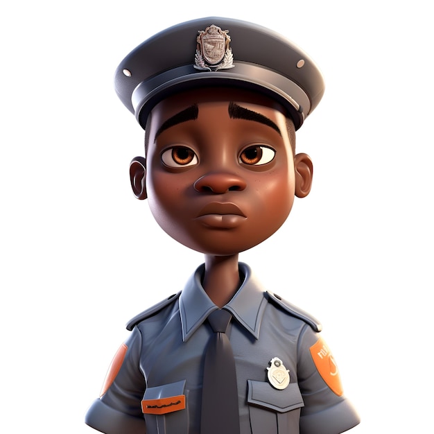 Render 3D di un ufficiale di polizia afroamericano con una faccia triste