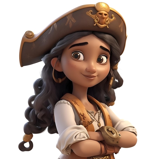 Render 3D di una piccola ragazza pirata con un cappello e un costume di pirata