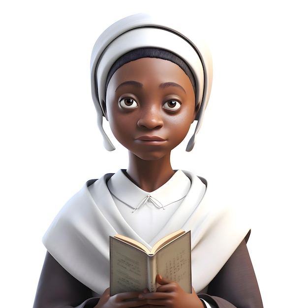 Render 3D di una ragazza africana che legge un libro isolata su uno sfondo bianco