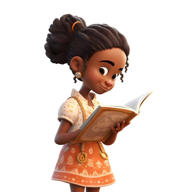 Render 3D di una ragazzina africana che legge un libro isolata su uno sfondo bianco