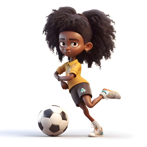 Render 3D di una ragazzina afroamericana che gioca a calcio