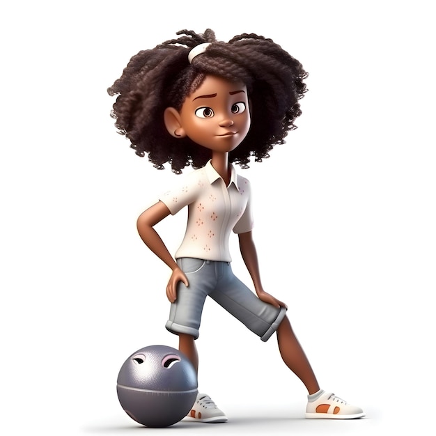 Render 3D di una ragazzina afroamericana con una palla da bowling