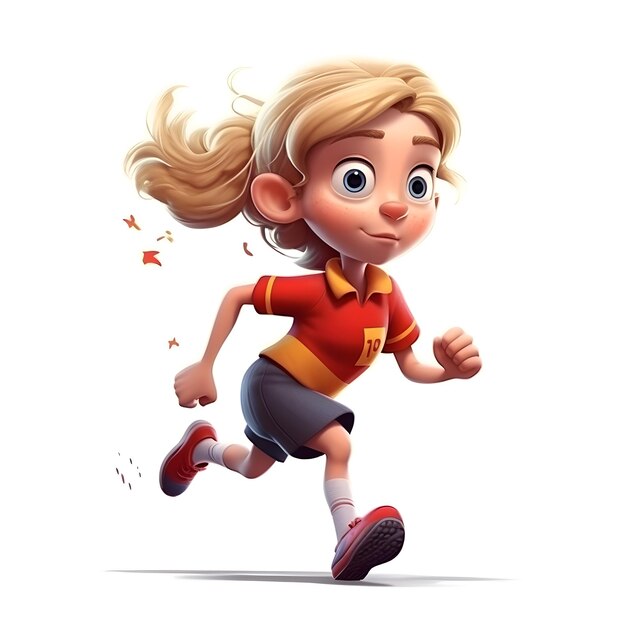 Render 3D di una ragazzina che corre con i capelli al vento