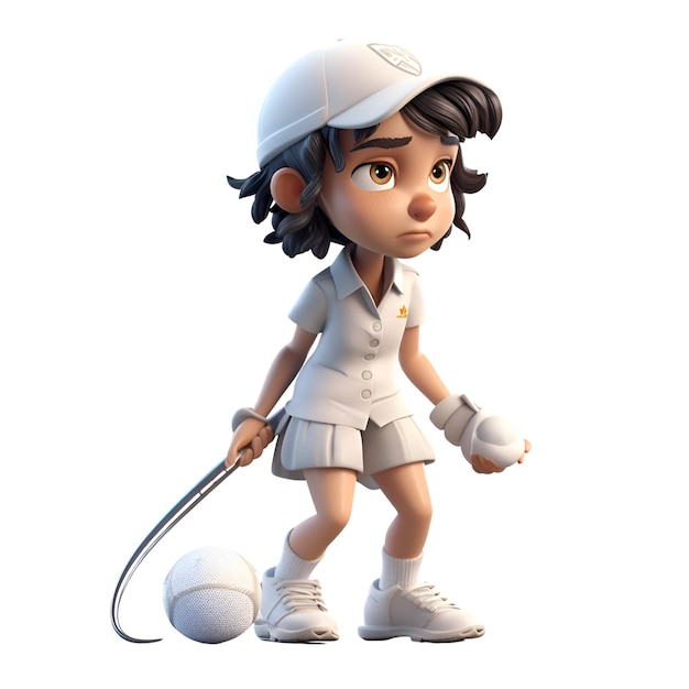 Render 3D di una ragazzina con una palla da golf e un casco