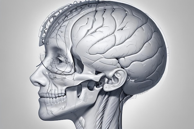 Render 3D di una testa maschile che mostra la complessità della mente umana concetto del cervello umano