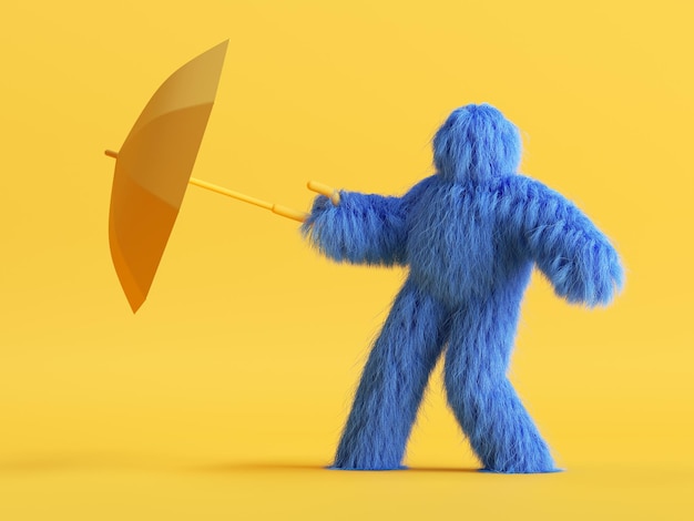 Render 3D divertente personaggio di cartoni animati Yeti che balla con l'ombrello