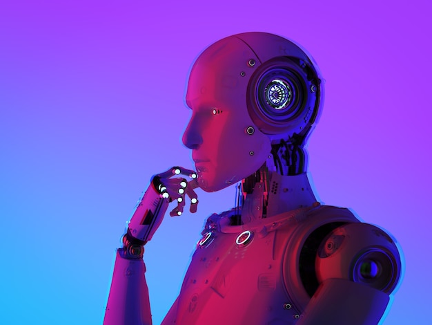 Render 3D kecerdasan buatan cyborg atau robot berpikir dalam cahaya neon