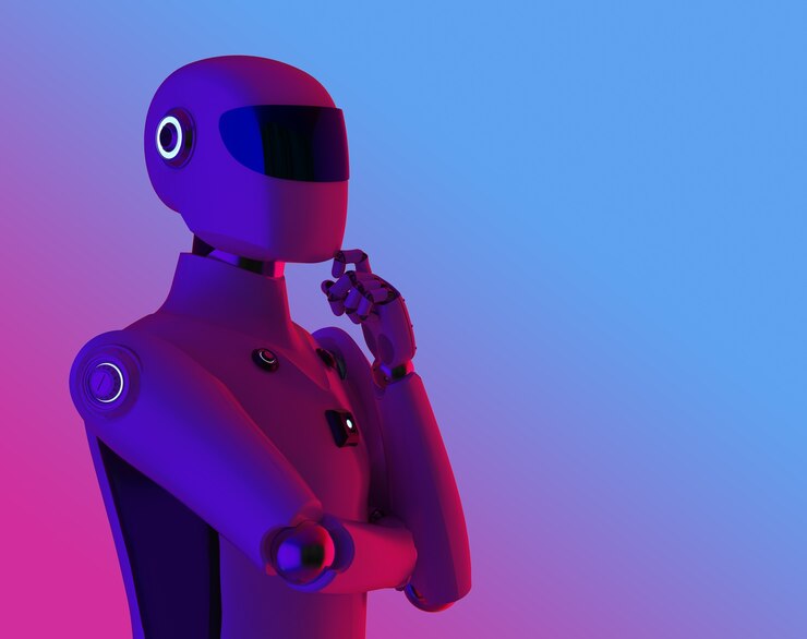 Photo render 3d kecerdasan buatan cyborg atau robot berpikir dalam cahaya neon