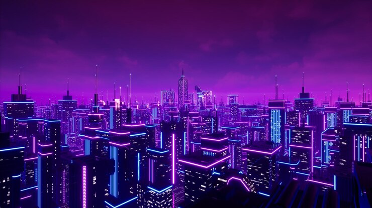 Render 3D konsep cyberpunk dan kota Metaverse