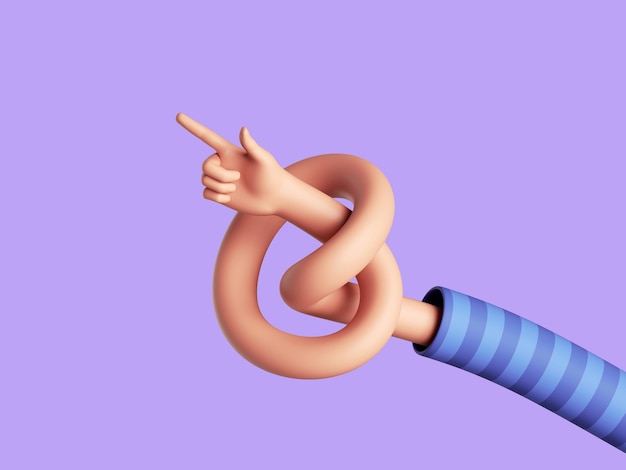 Render 3D personaggio di cartone animato mano annodata mostra la direzione con il dito indicatore concetto di attenzione