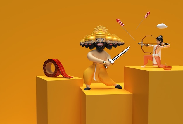 Render 3D Scena celebrativa di Dussehra della scena del podio minimo per il design pubblicitario dei prodotti di visualizzazione.