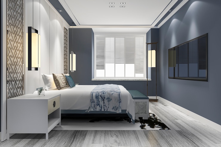 Photo render 3d suite kamar tidur mewah cina biru di hotel resor